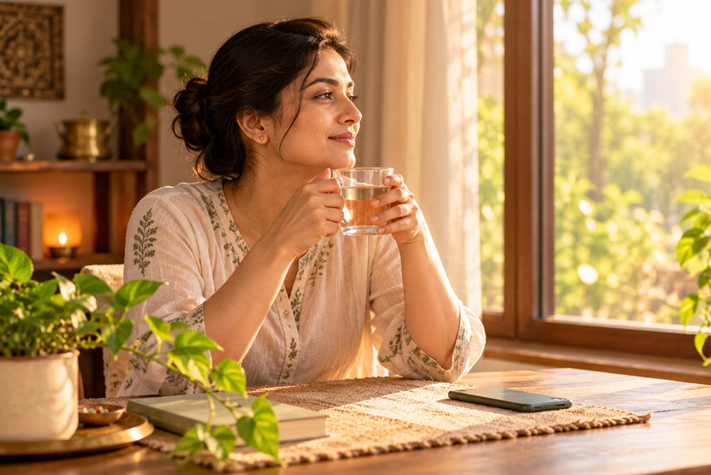 Person sitting by a window in the morning light holding a cup of warm water, with a phone set aside.