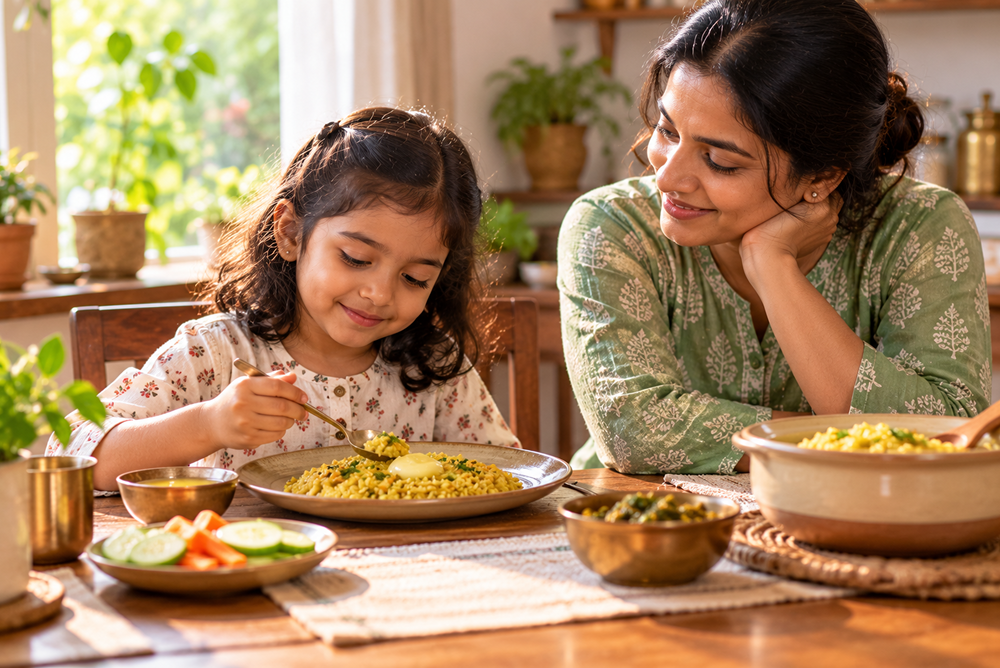 Parent and young child sharing a warm home-cooked lunch at the family table.