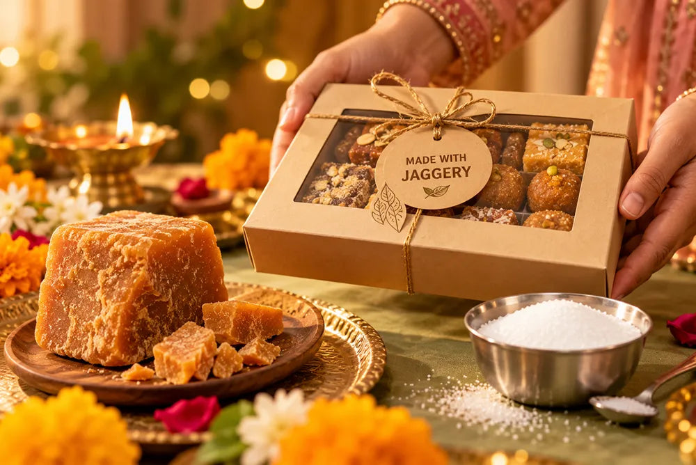 Is jaggery better than sugar? Mithai box made with jaggery beside gud and white sugar.