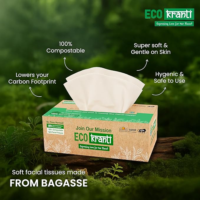 Eco Kranti - Facial Tissue Paper Box | 100 Pulls x 3 Packs | 100% Natural Bagasse | Biodegradable, Compostable