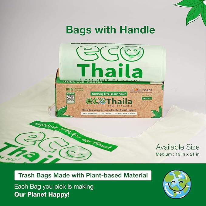 Eco Thaila - ECO Friendly Garbage Bags With Easy - Tie Handles | 45 bags (3 Boxes 15 bags each) | Compostable & Biodegradable