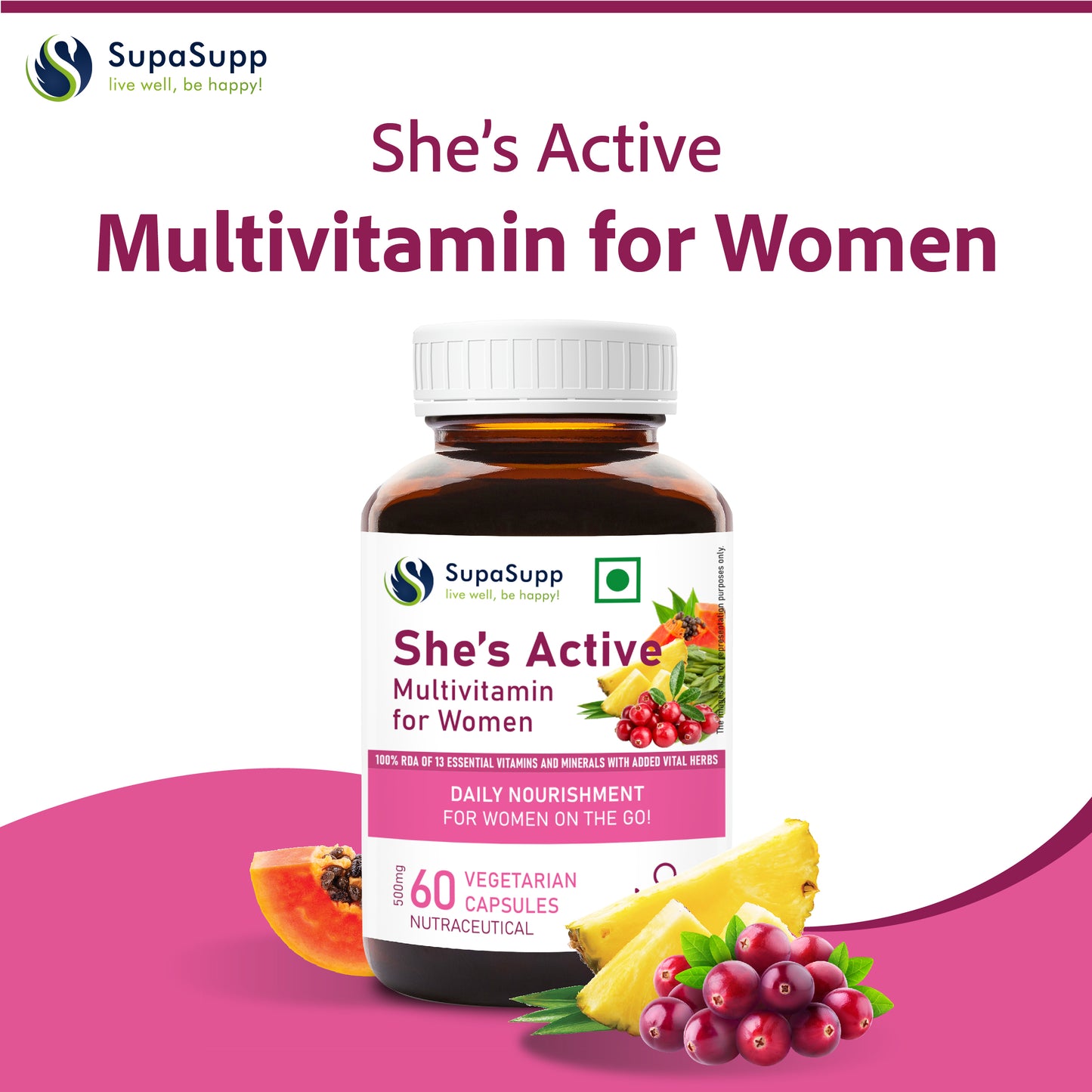 SupaSupp She's Active - Multivitamin For Women | Daily Nourishment For Women On The Go | Health Supplement | 60 Veg Cap, 500 mg