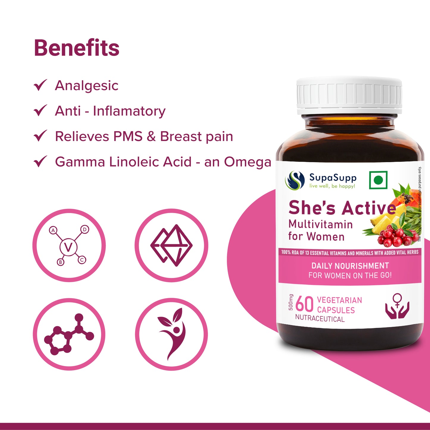 SupaSupp She's Active - Multivitamin For Women | Daily Nourishment For Women On The Go | Health Supplement | 60 Veg Cap, 500 mg