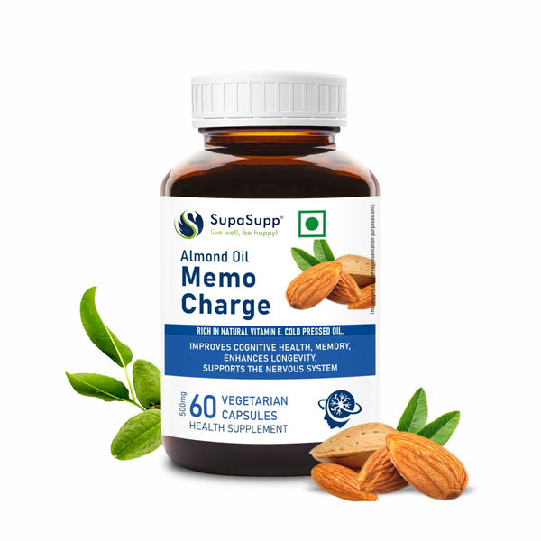SupaSupp Almond Oil Memo Charge | Improves Memory, Enhances Longevity, Supports Nervous System | Vitamin E | Health Supplement | 60 Veg Cap, 500mg