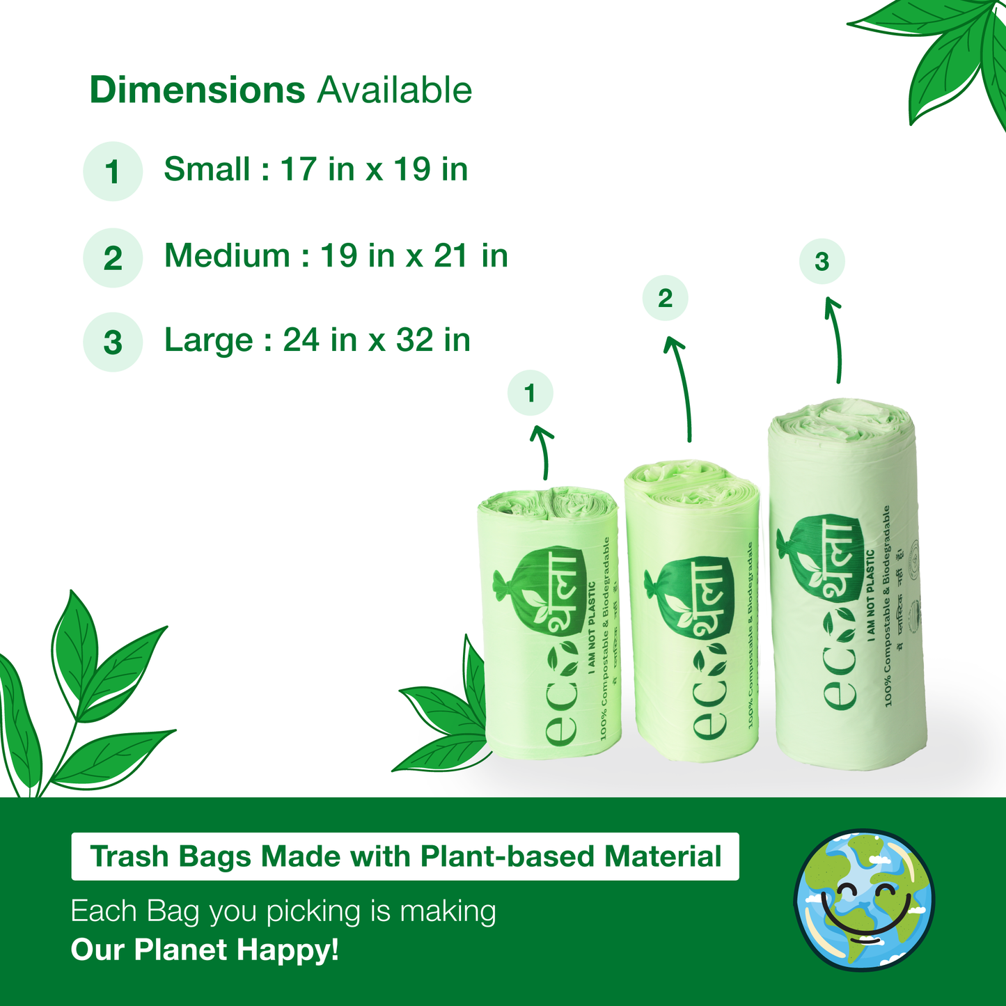 Eco Thaila - ECO Friendly Garbage Bags | Large - 30 Bags (3 Rolls, 10 bags each) | 24 X 32 Inches | Compostable & Biodegradable