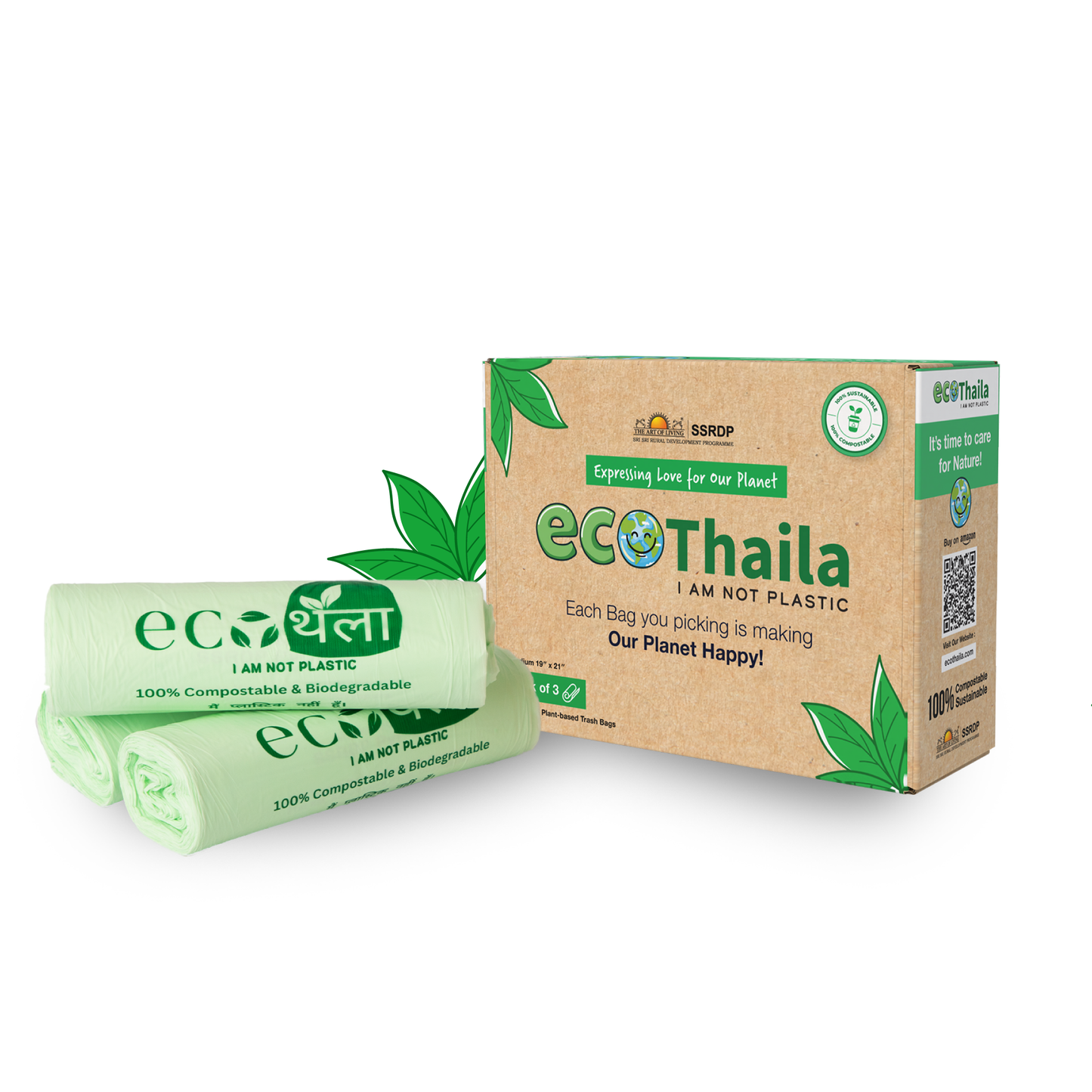 Eco Thaila - ECO Friendly Garbage Bags | Small - 45 Bags (3 Rolls, 15 bags each) | 17 X 19 Inches | Compostable & Biodegradable