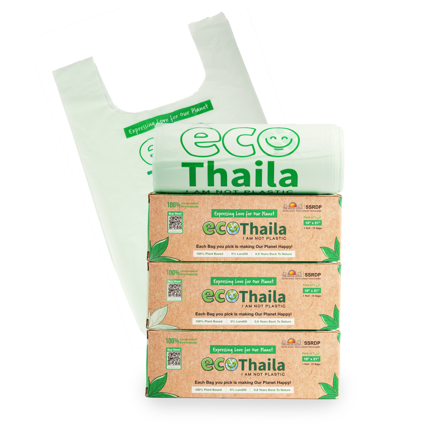 Eco Thaila - ECO Friendly Garbage Bags With Easy - Tie Handles | 45 bags (3 Boxes 15 bags each) | Compostable & Biodegradable