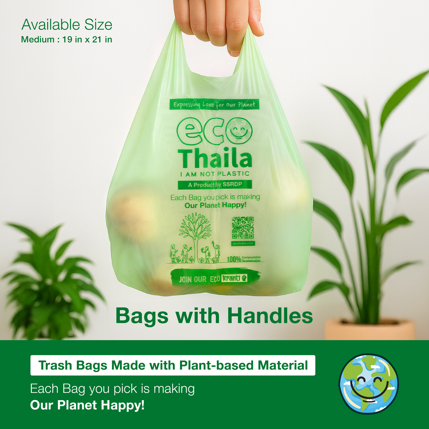 Eco Thaila - ECO Friendly Garbage Bags With Easy - Tie Handles | 45 bags (3 Boxes 15 bags each) | Compostable & Biodegradable