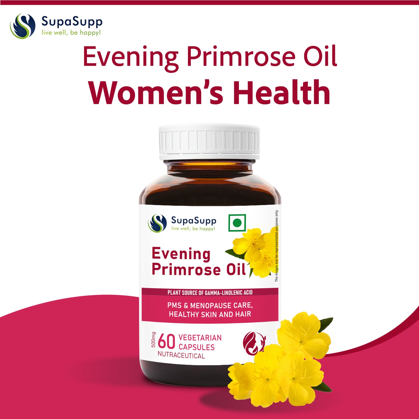 SupaSupp Evening Primrose Oil - Women's Health | Plant Source Of Gamma-Linolenic Acid | Health Supplement | 60 Veg Cap, 500 mg
