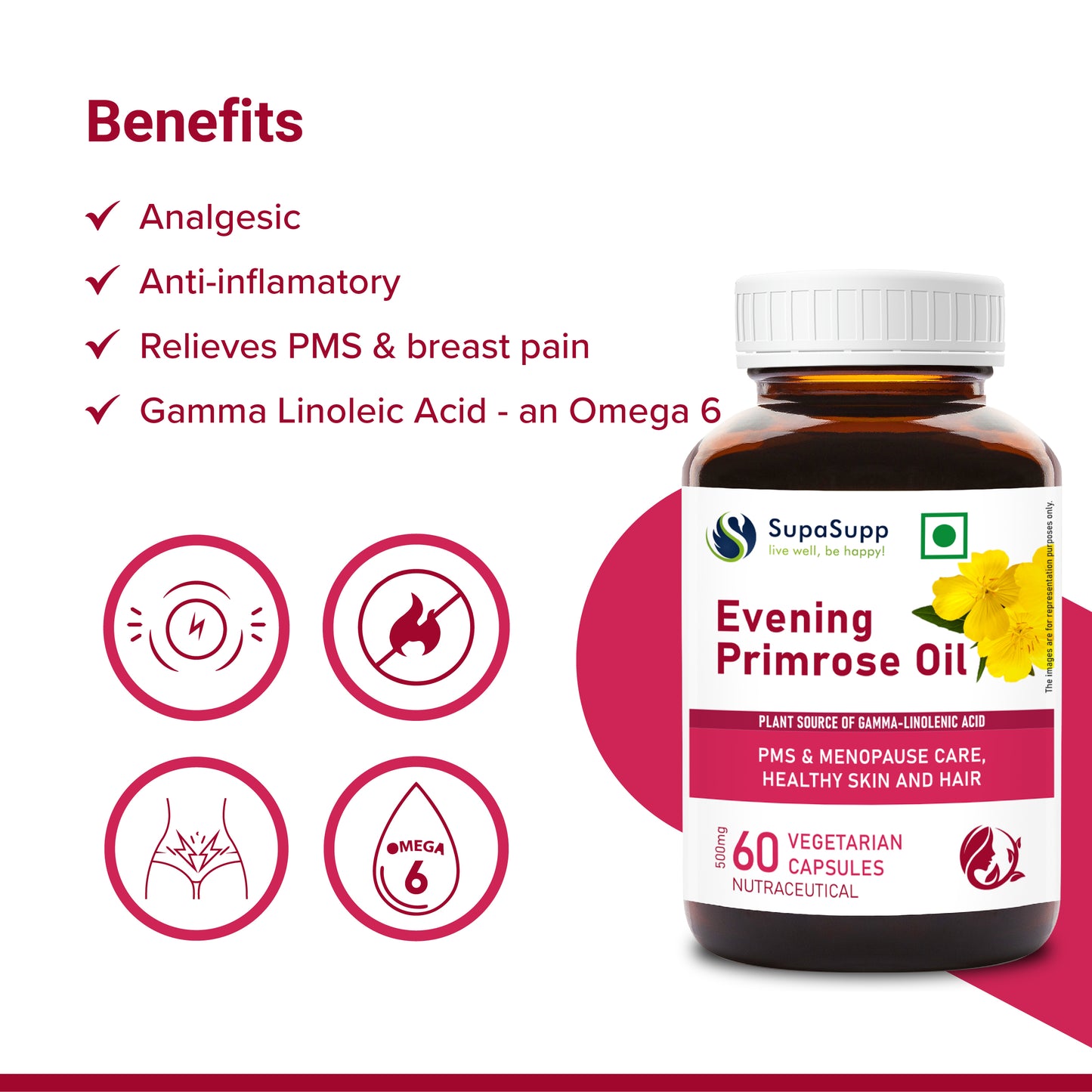 SupaSupp Evening Primrose Oil - Women's Health | Plant Source Of Gamma-Linolenic Acid | Health Supplement | 60 Veg Cap, 500 mg