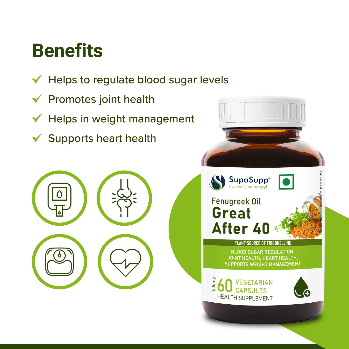SupaSupp Fenugreek Oil Great After 40 | Blood Sugar Regulation, Joint Health, Heart Health, Supports Weight Management | Health Supplement | 60 Veg Cap, 500 mg