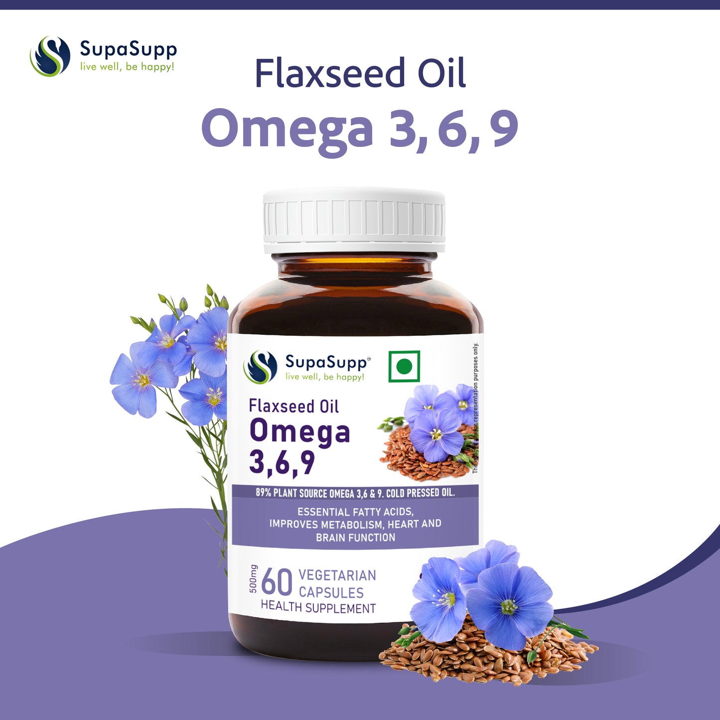 SupaSupp Flaxseed Oil Omega 3,6,9 | Essential Fatty Acids, Improves Metabolism, Heart And Brain Function | Health Supplement | 60 Veg Cap, 500 mg