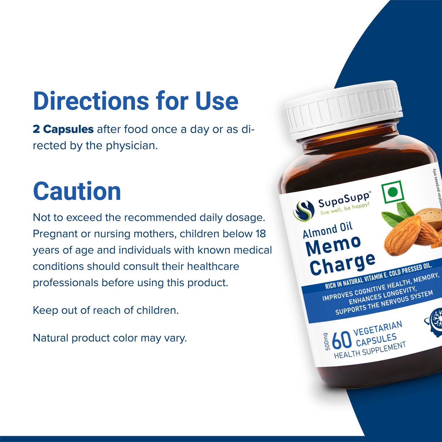 SupaSupp Almond Oil Memo Charge | Improves Memory, Enhances Longevity, Supports Nervous System | Vitamin E | Health Supplement | 60 Veg Cap, 500 mg
