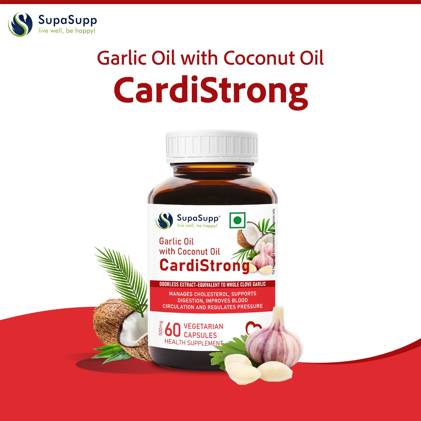 SupaSupp Garlic Oil With Coconut Oil, CardiStrong | Manages Cholesterol, Supports Digestion, Improves Blood Circulation And Regulates Pressure | Health Supplement | 60 Veg Cap, 500 mg