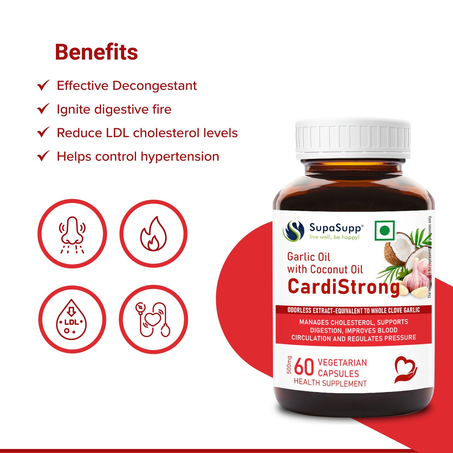 SupaSupp Garlic Oil With Coconut Oil, CardiStrong | Manages Cholesterol, Supports Digestion, Improves Blood Circulation And Regulates Pressure | Health Supplement | 60 Veg Cap, 500 mg