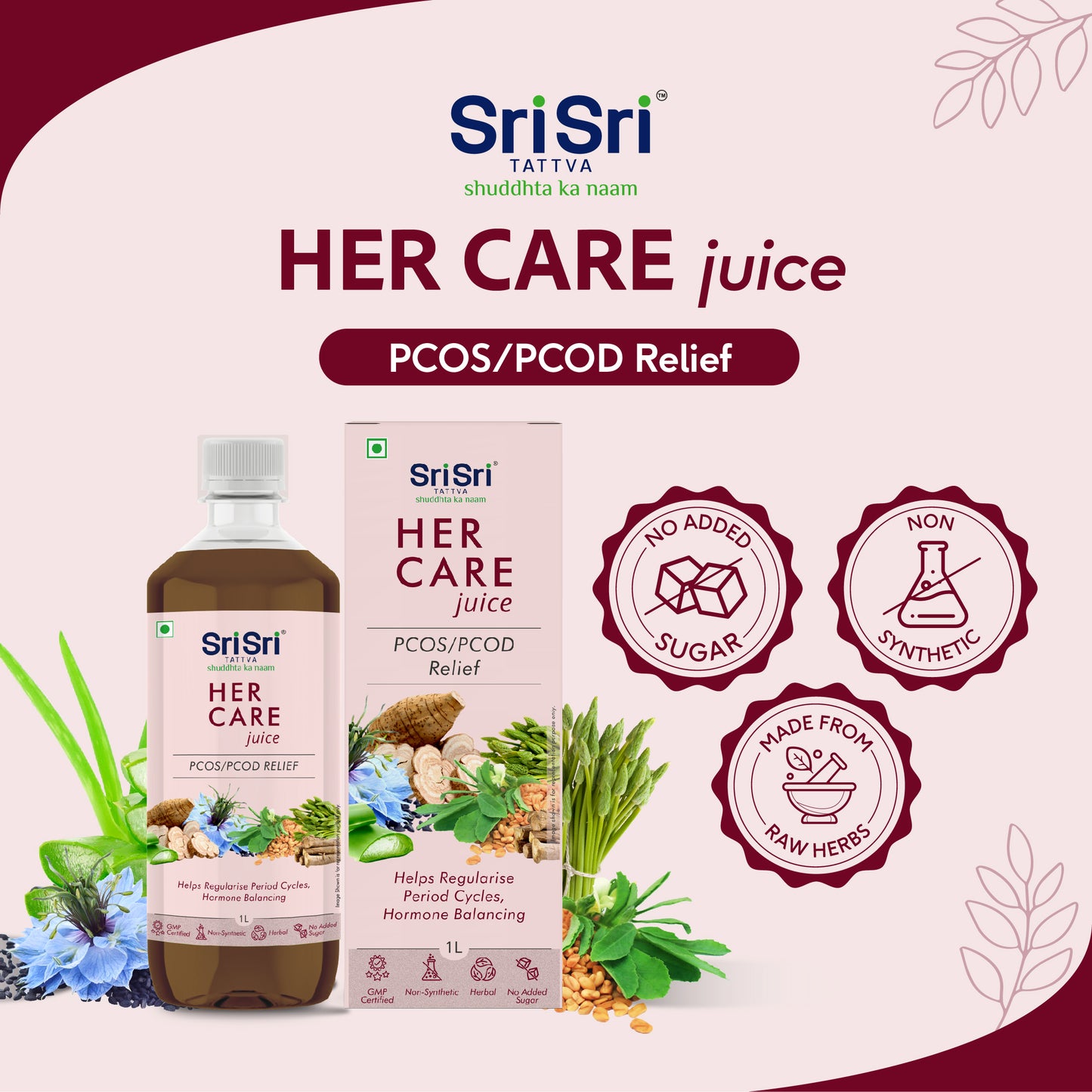 Her Care Juice - PCOS / PCOD Relief | Helps Regularise Period Cycles, Hormone Balancing | 1 L