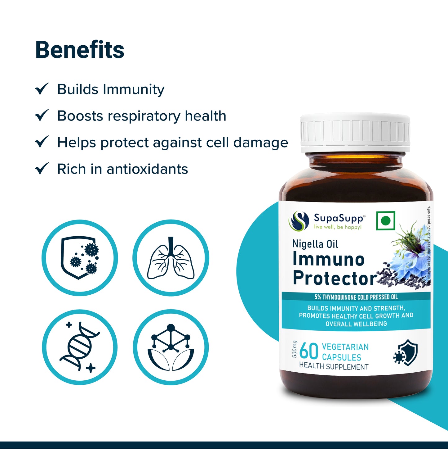 SupaSupp Nigella Oil Immuno Protector | Builds Immunity And Strength, Promotes Healthy Cell Growth And Overall Wellbeing | Health Supplement | 60 Veg Cap, 500 mg
