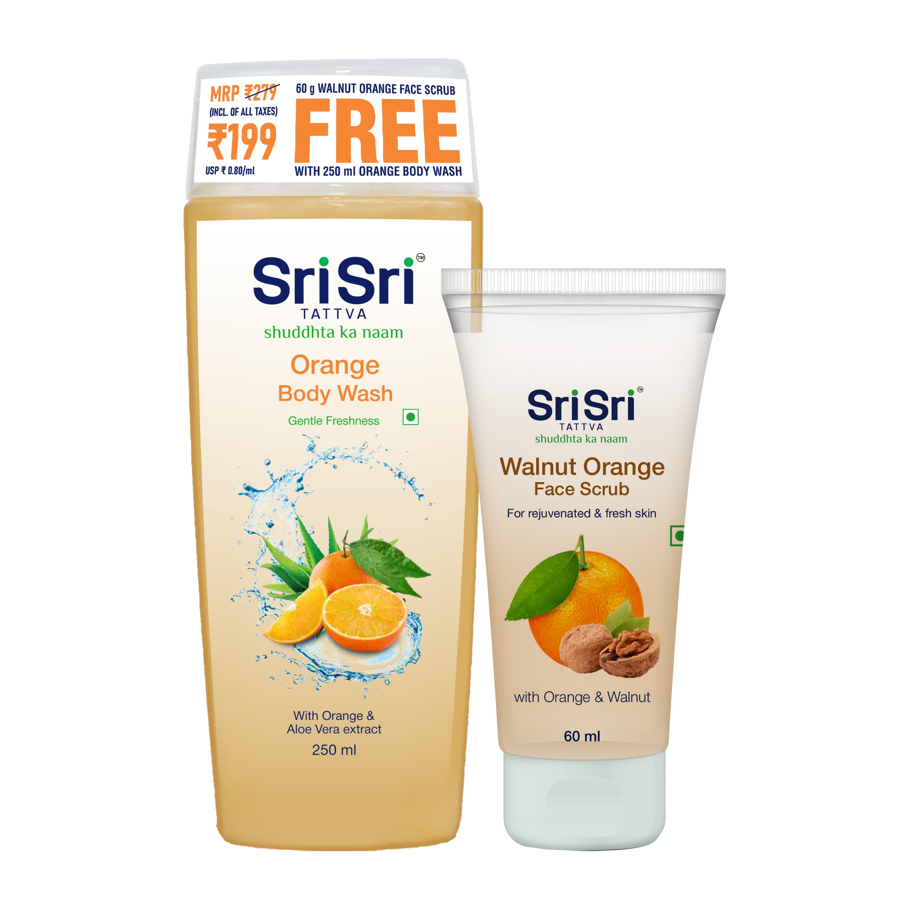 Orange Body Wash - Gentle Freshness, 250 ml with Walnut Orange Face Scrub 60 ml Free