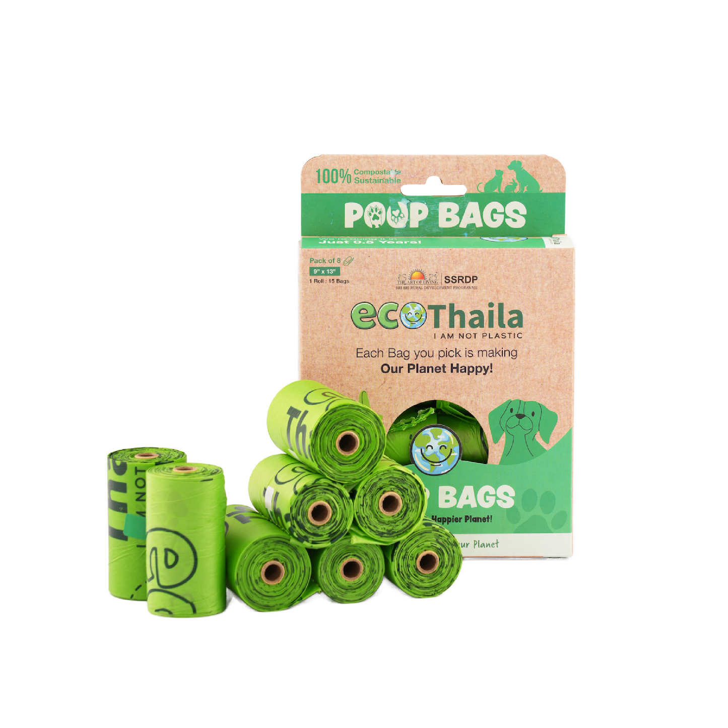 Eco Thaila - Compostable Poop Bags for Dogs & Cats | 120 Bags (8 Rolls, 15 bags each) | 9 x 13 Inches | Biodegradable & Eco-Friendly