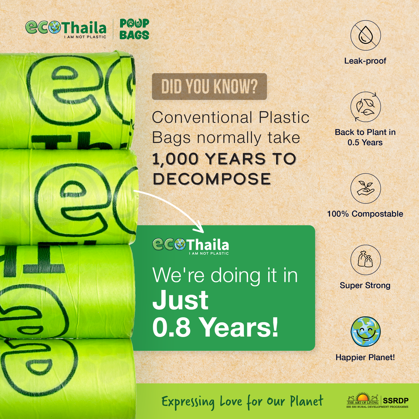 Eco Thaila - Compostable Poop Bags for Dogs & Cats | 120 Bags (8 Rolls, 15 bags each) | 9 x 13 Inches | Biodegradable & Eco-Friendly