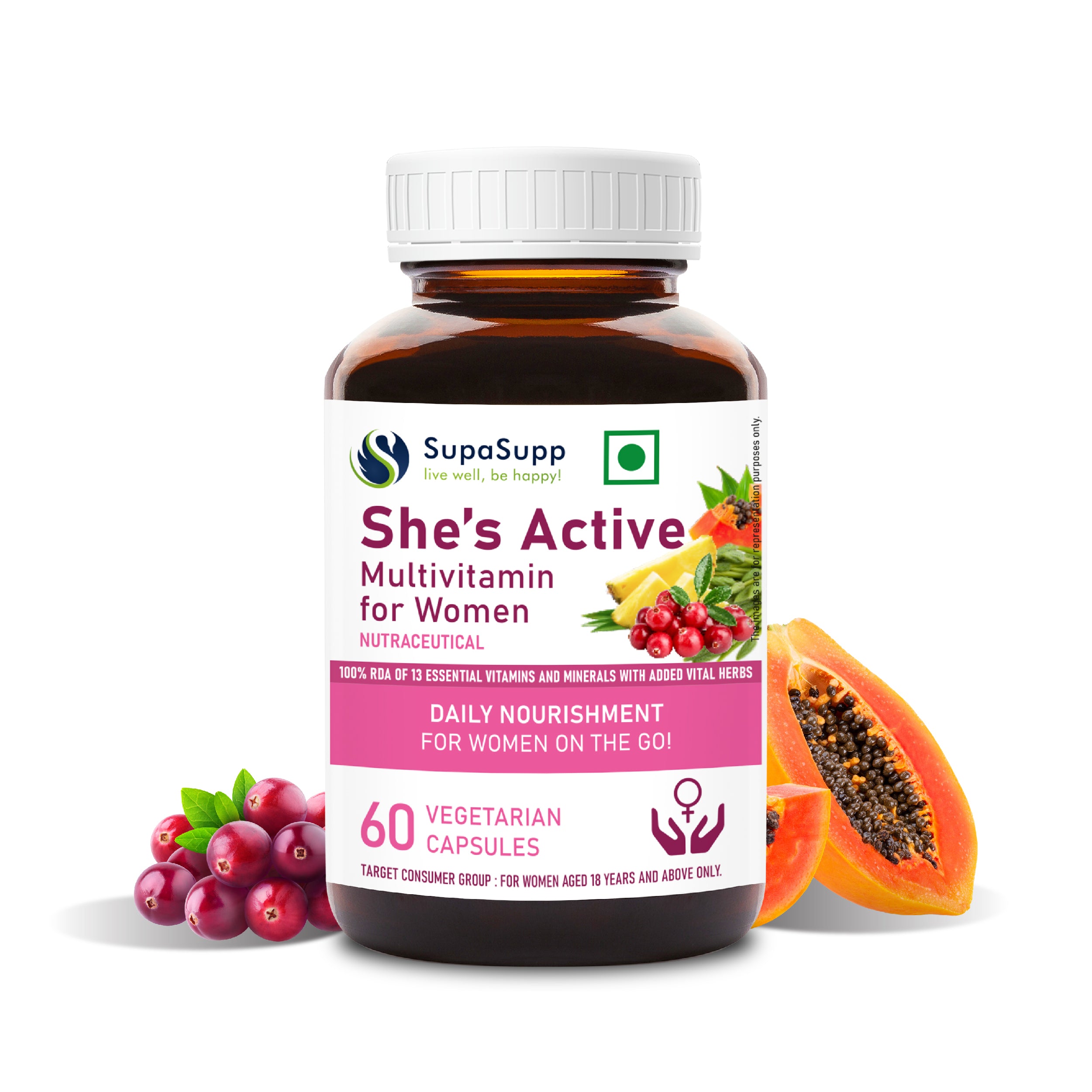 SupaSupp She's Active - Multivitamin For Women | Daily Nourishment For Women On The Go | Health Supplement | 60 Veg Cap, 500 mg