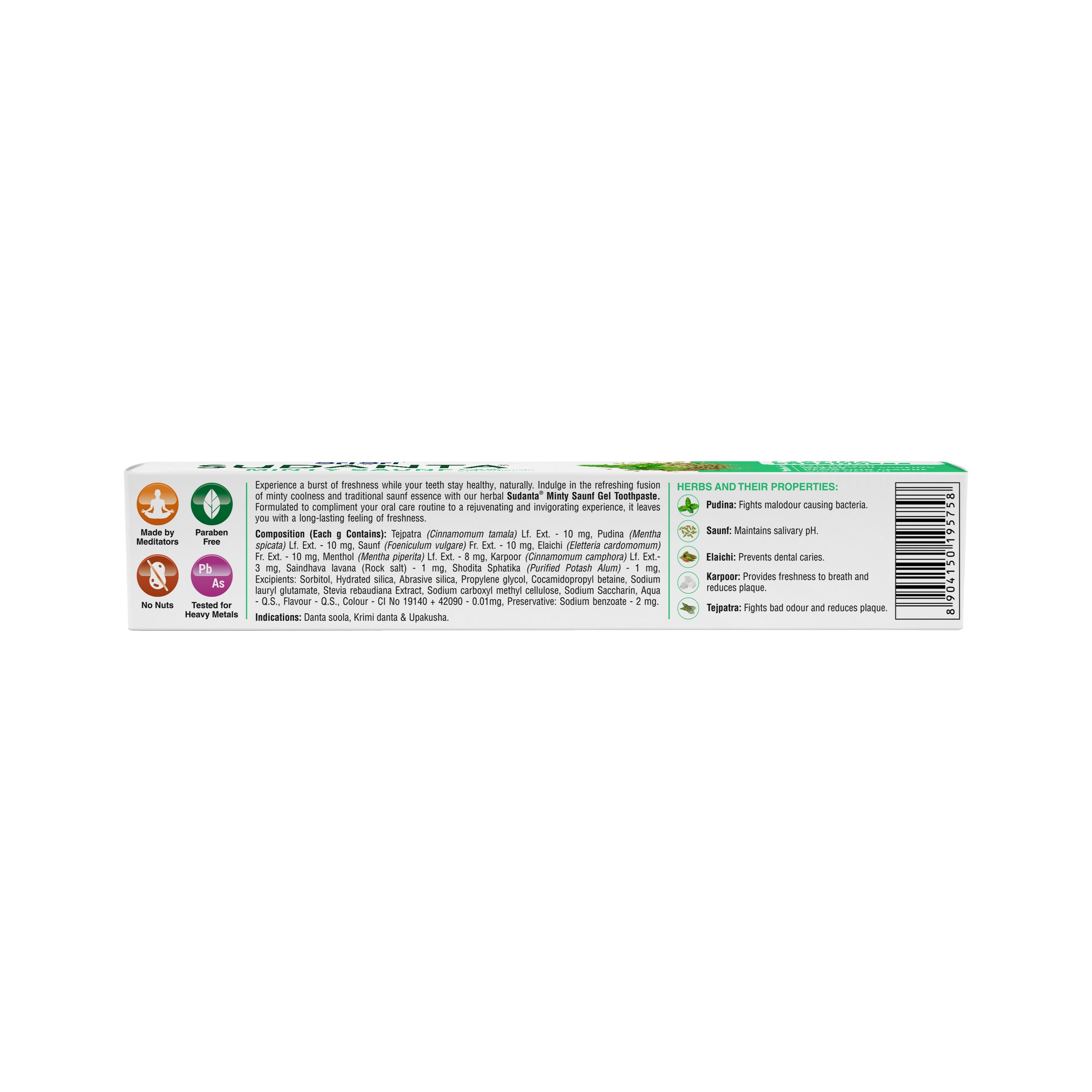 Sudanta Minty Saunf Gel Toothpaste - Non - Fluoride - 100% Vegetarian, 150 g