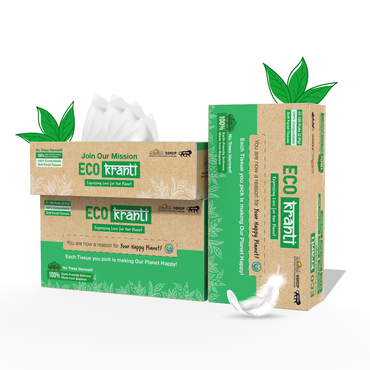 Eco Kranti - Facial Tissue Paper Box | 100 Pulls x 3 Packs | 100% Natural Bagasse | Biodegradable, Compostable