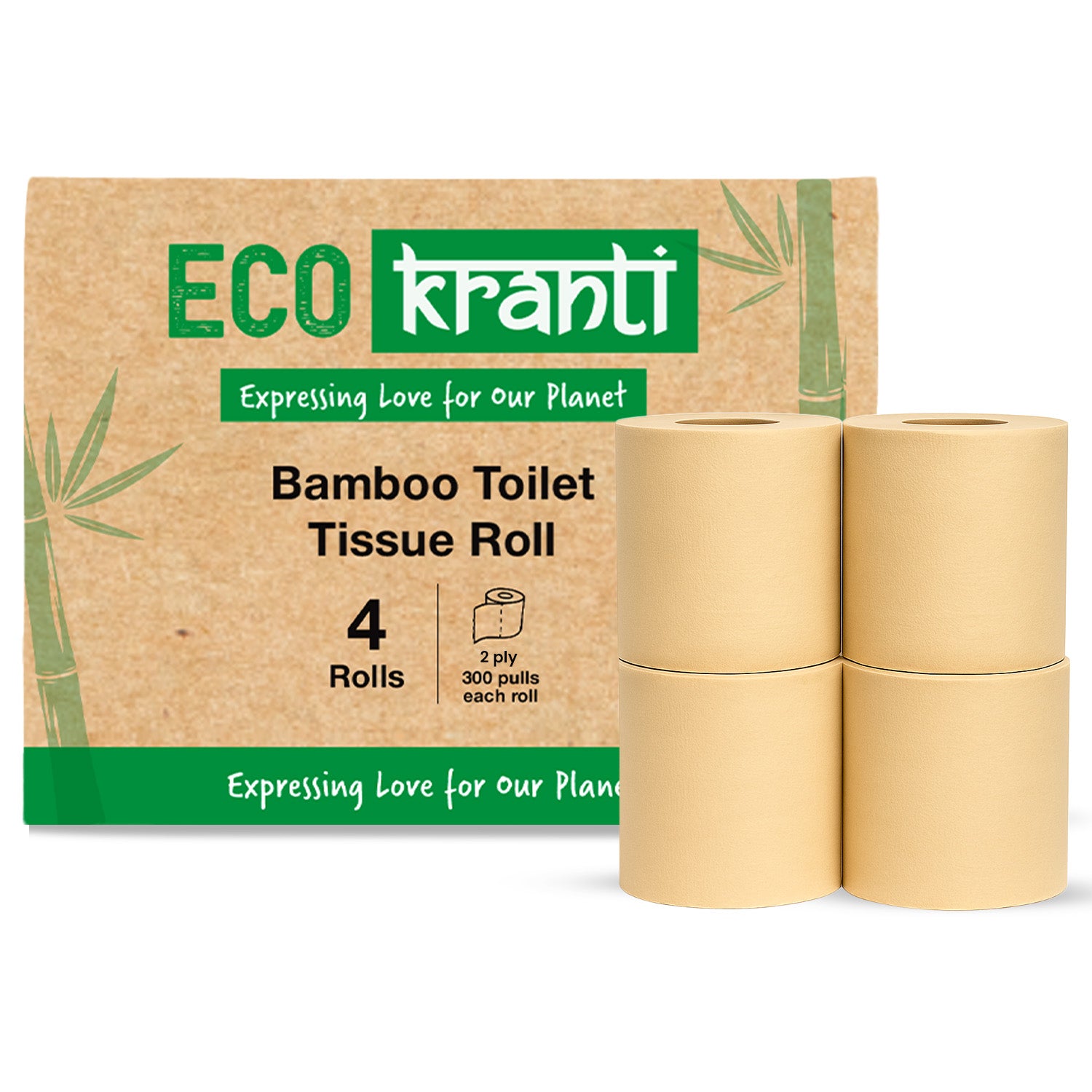 Eco Kranti - Bamboo Toilet Tissue Roll | 300 Pulls x 4 Packs | 100% Natural | Biodegradable, Compostable