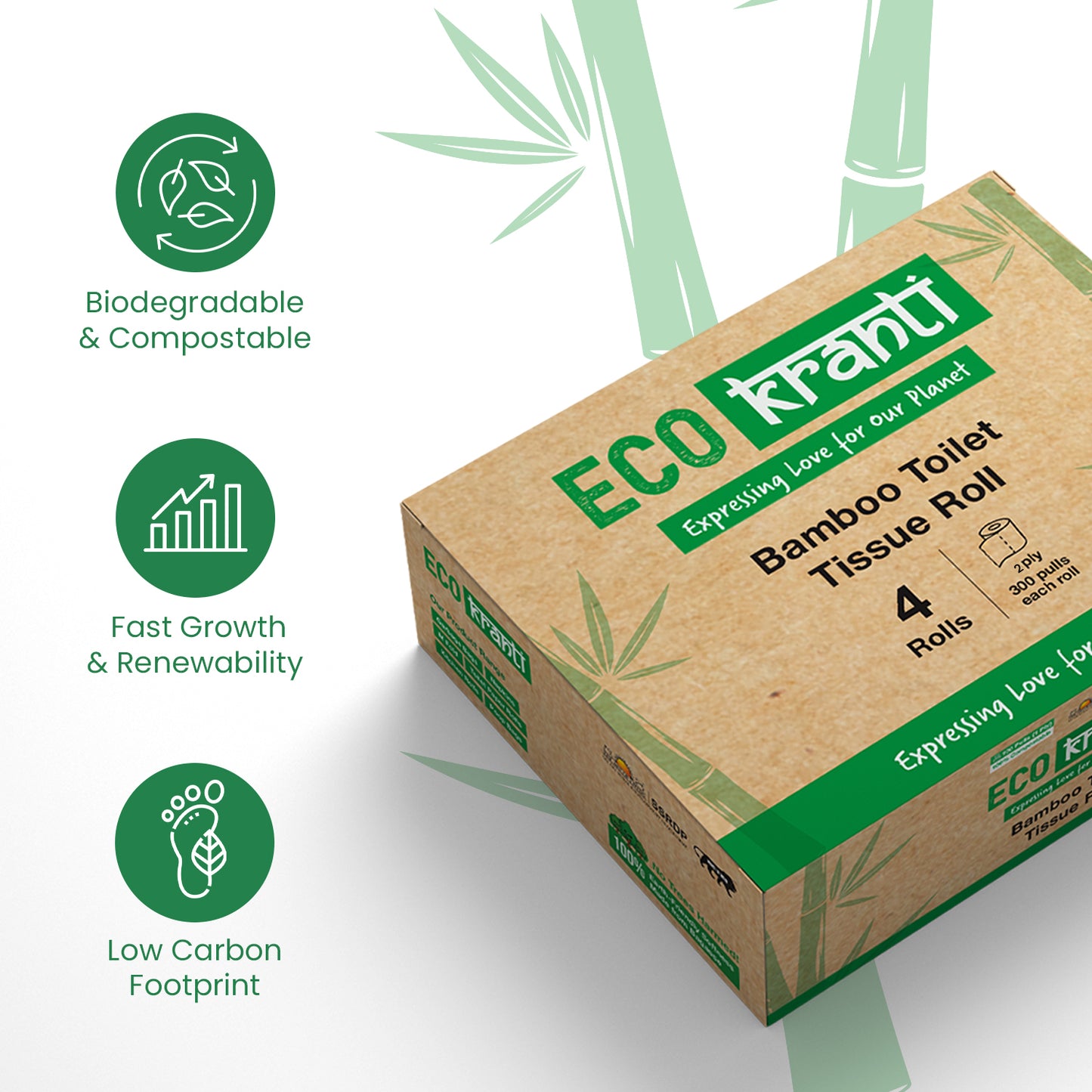 Eco Kranti - Bamboo Toilet Tissue Roll | 300 Pulls x 4 Packs | 100% Natural | Biodegradable, Compostable