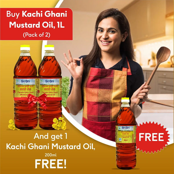Premium Kachi Ghani Mustard Oil Bottle, 1L (Pack of 2) - Get Free Mustard Oil Bottle, 200ml - Sri Sri Tattva