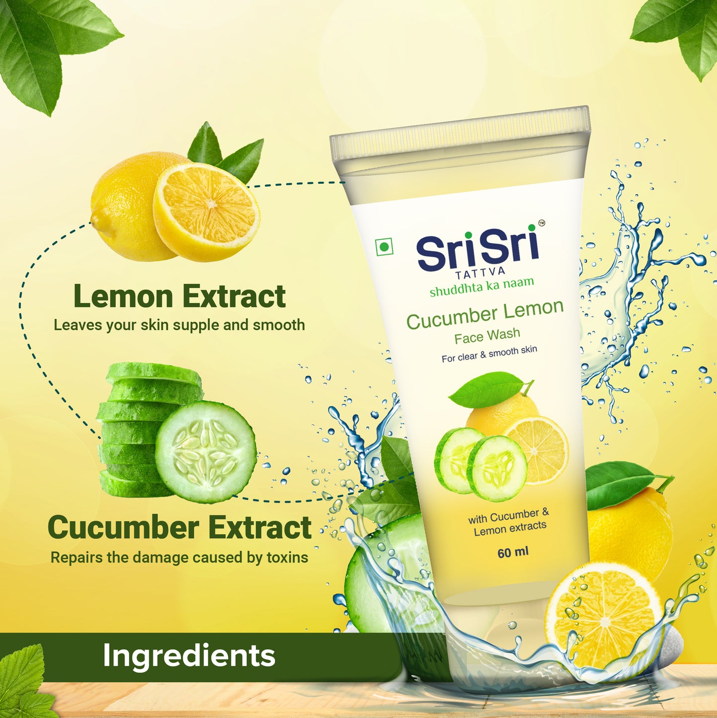 Cucumber & Lemon Face Wash - For Clear & Smooth Skin, 60ml - Sri Sri Tattva