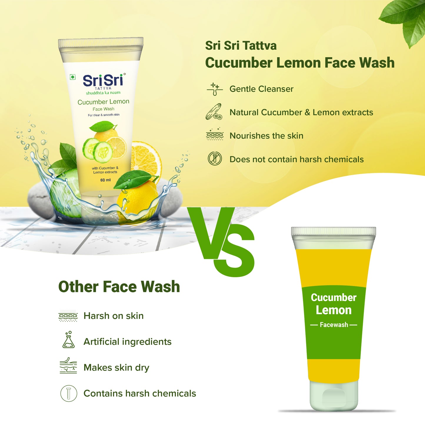 Cucumber & Lemon Face Wash - For Clear & Smooth Skin, 60ml - Sri Sri Tattva