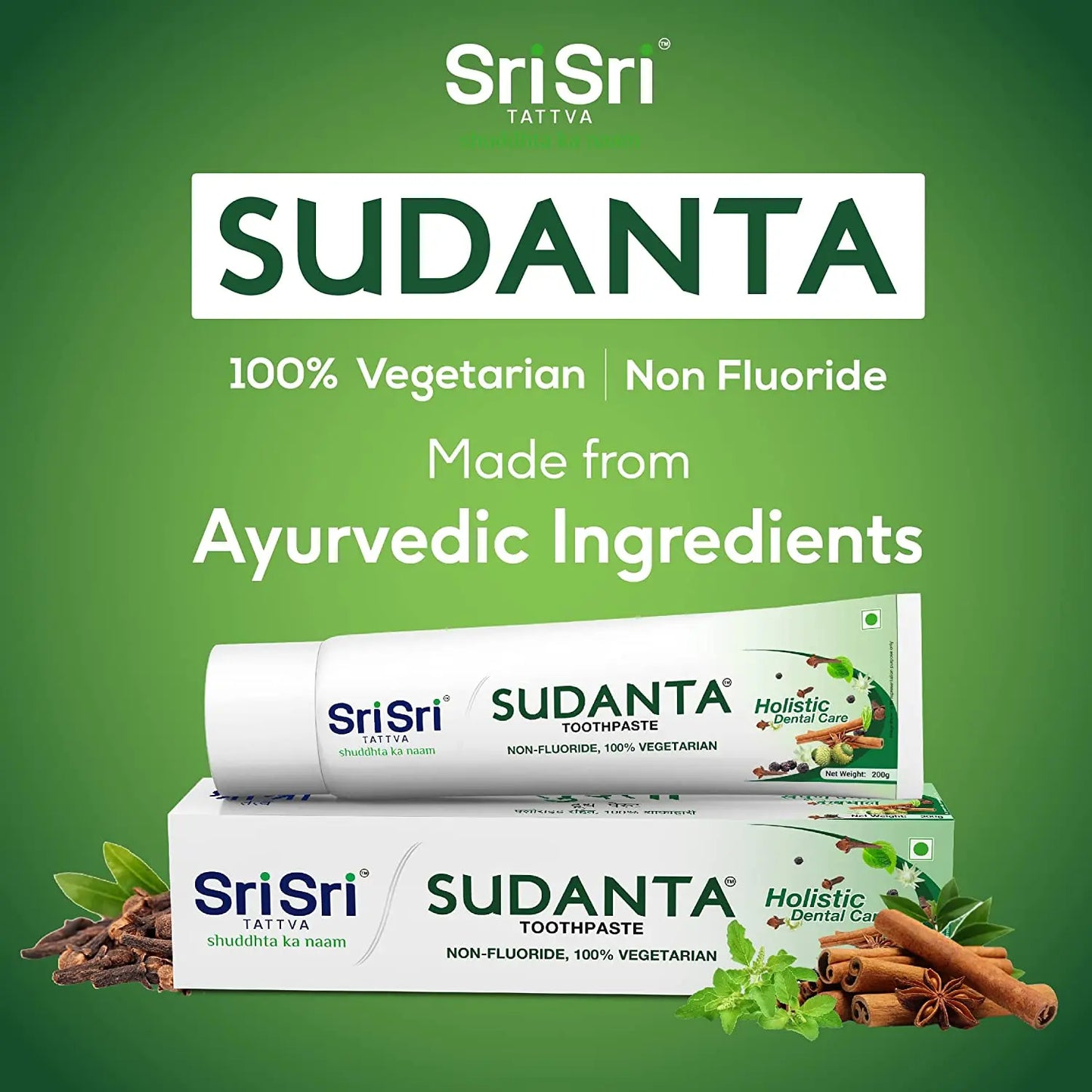Sudanta Toothpaste -  Non - Fluoride - 100% Vegetarian, 200g - Pack of 3 - Sri Sri Tattva