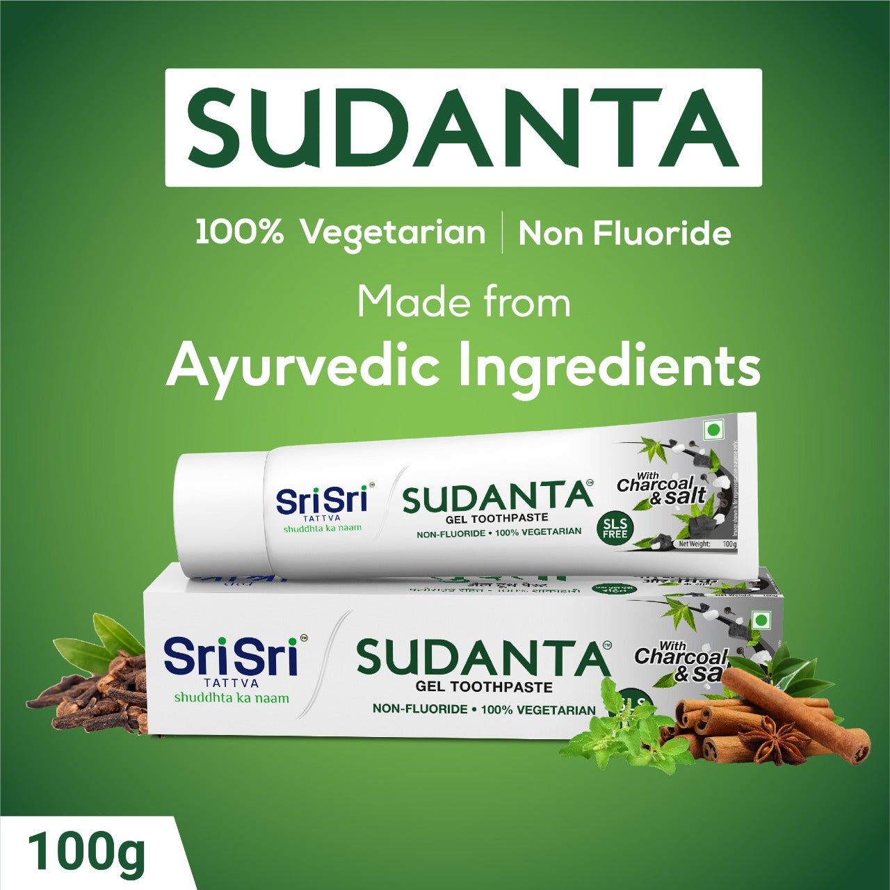 Sudanta Gel Toothpaste - With Charcoal & Salt. SLS Free. Non - Fluoride - 100% Vegetarian, 100g - Sri Sri Tattva