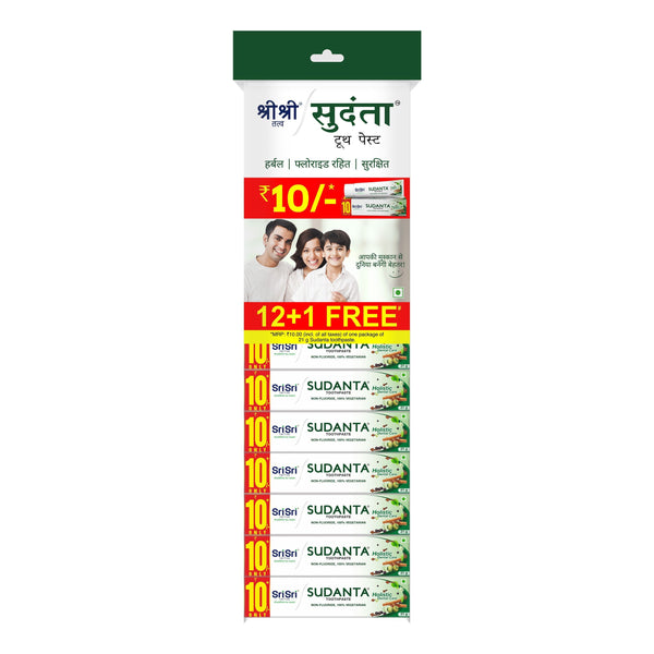Sudanta Toothpaste -  Non - Fluoride - 100% Vegetarian, 21g (Pack of 12 + 1 Free) - Sri Sri Tattva
